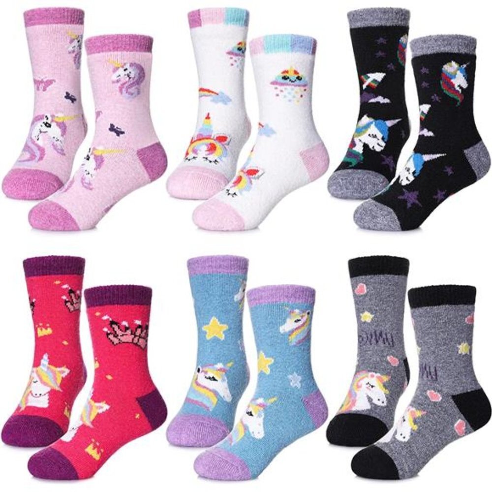 6 Pairs Kids Girls Winter Warm Cozy Thick Heavy Thermal Crew Boot Socks